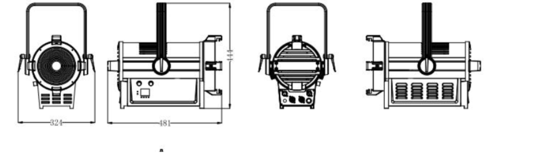 LV-SP500-RGBLAC Ansichten: Front 324 mm, Seite 481 mm, Höhe 444 mm